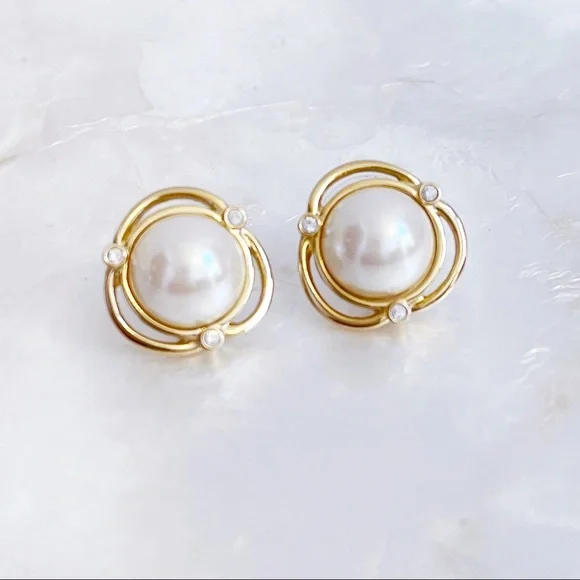 Vintage Gold Tone CZ Faux Pearl Statement Earrings